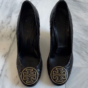 Tory Burch Black Embossed Leather Wedges with Gold Accent